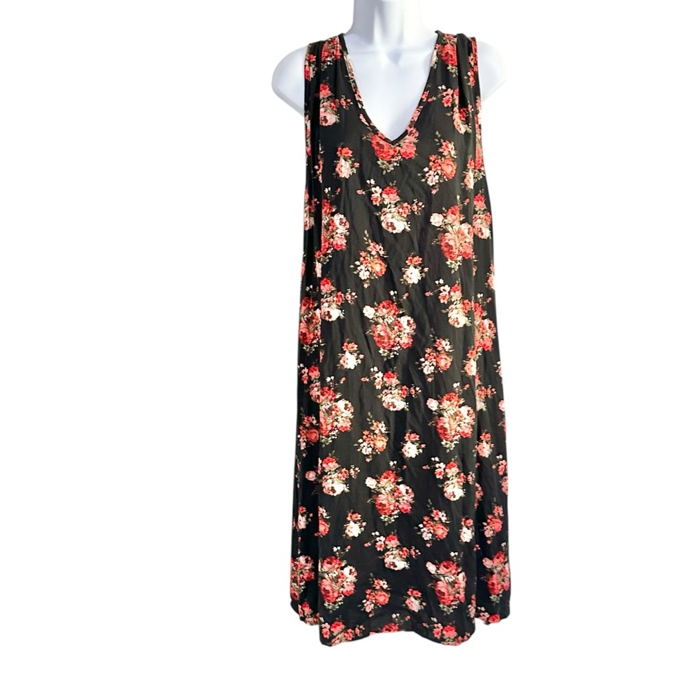 Ceny Black Floral Print Sleeveless Midi V-Neck Dress - S